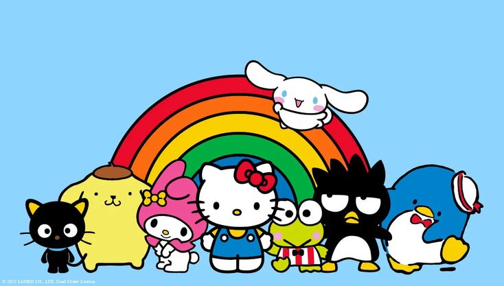 the hello kitty gang is standing in front of a rainbow and some other cartoon characters