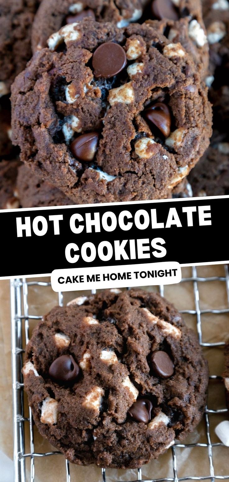 chocolate cookies with marshmallows on top and the words hot chocolate cookies above them