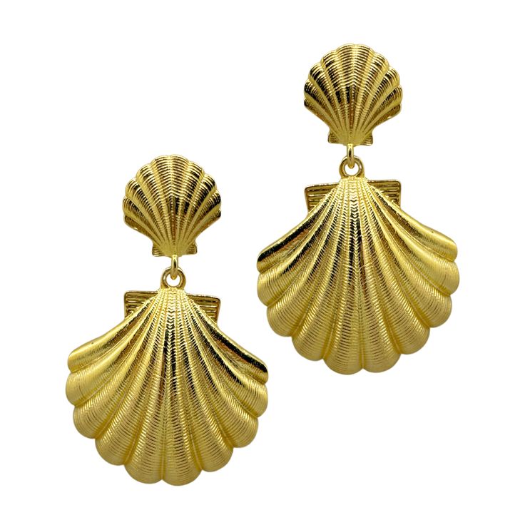 Gorgeous gold plated shell post with a lightweight shell drop_m donohue collection Gold Brass Shell-shaped Earrings, Gold Shell-shaped Clip-on Earrings, Gold Shell-shaped Brass Earrings, Gold Dangle Shell Earrings, Gold-plated Shell-shaped Earrings, Gold Plated Shell-shaped Earrings, Gold Brass Shell Earrings, Gold Shell-shaped Metal Earrings, Elegant Gold Dangle Shell Earrings