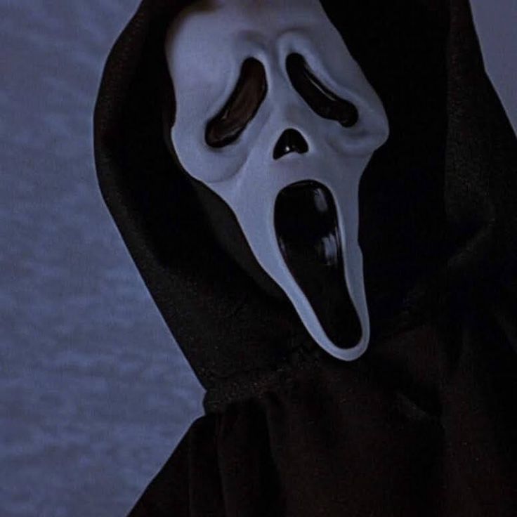 a person wearing a ghost mask and black hood