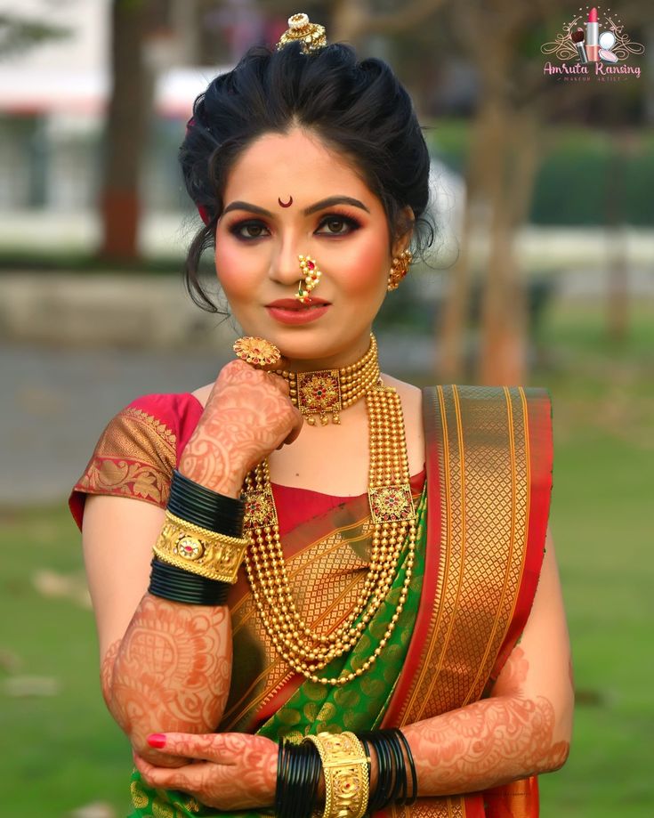 Maharashtra Bride Look, Nauvari Saree Peshwai Hairstyle, Maharashtrian Hairstyle, Khopa Hair Styles Maharashtrian, Maharashtrian Bride Hairstyle, Nauvari Hairstyle, Green Bangles Maharashtrian, Bride In Green Saree, Traditional Jewelry Maharashtrian