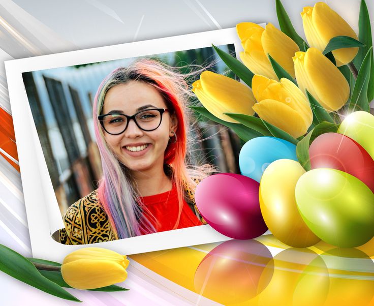 a girl with pink hair and glasses next to yellow tulips, eggs and an easter egg