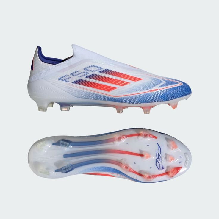 the adi predator soccer shoe is shown in white and blue with red stripes on the sole