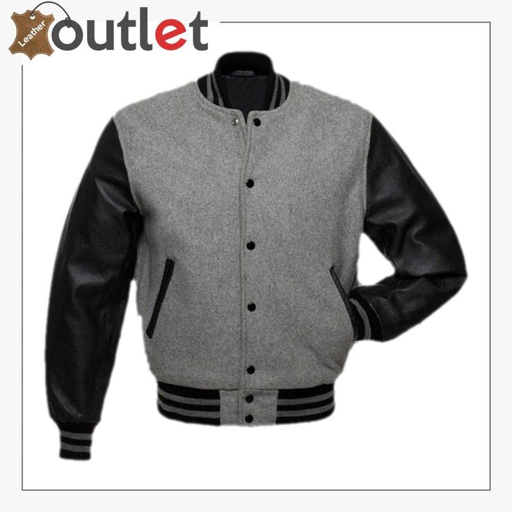 Grey Black Varsity Jacket Jacket Ootd, Leather Sleeve Jacket, Varsity Letterman Jackets, College Jackets, Baseball Hoodie, Varsity Jacket Men, Baseball Varsity Jacket, Leather Sleeves, Letterman Jacket