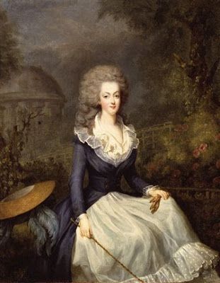 a painting of a woman in blue and white dress sitting on a bench with a cane