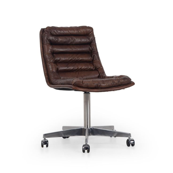 a brown leather office chair with wheels