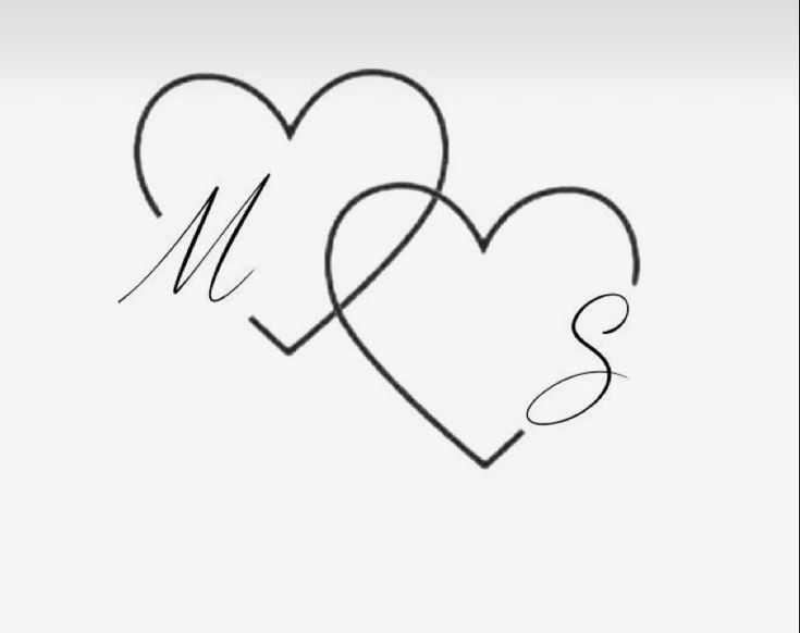 two hearts with the letter m and s written in black ink on a white background