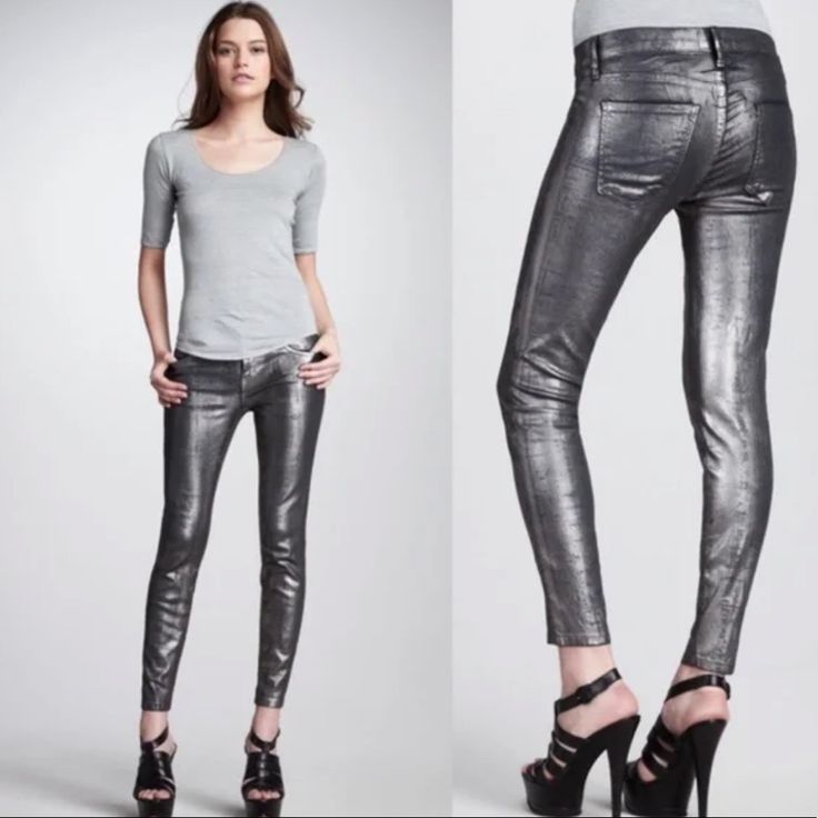 Current/Elliott The Stiletto Silver Coated Foil Jeans....Size 29. Forge A New Style Alloy With These Metallic Current/Elliott Jeans. The Stiletto Cut Is Designed To Showcase Statement Sandals And Pumps. The Stiletto Cut In Silver Coated Foil Denim With Leather-Like Shine. Current/Elliott Signature Clean, Classic Five-Pocket Style. Button/Zip Fly; Belt Loops. Super Soft Lightweight Stretch Denim With Metallic Distressed Cracked Leather Look. Nwt Sleek Fitted Metallic Bottoms, Metallic Fitted Pants For Formal Occasions, Metallic Fitted Bottoms For Formal Occasions, Fitted Metallic Bottoms For Formal Events, Elegant Fitted Metallic Bottoms, Fitted Metallic Bottoms For Fall, Spring Fitted Metallic Pants, Foil Denim, Foil Jeans