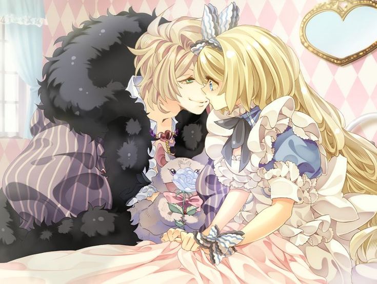 two anime characters sitting on a bed in front of a teddy bear and heart shaped mirror