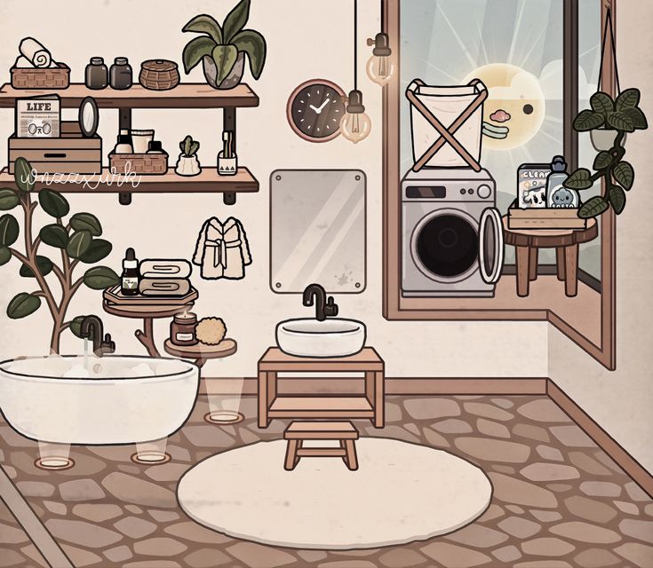 an illustration of a bathroom with plants and other things in the room, including a washing machine