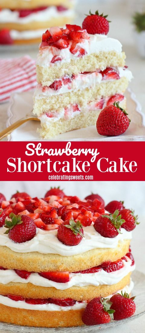 strawberry shortcake cake with white frosting and fresh strawberries on the top layer