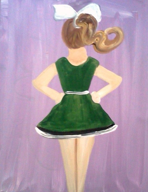 a painting of a girl in a green dress with a pretzel on her head