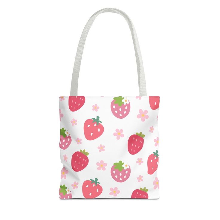 This adorable tote bag is perfect for carrying your essentials. Its vibrant design features strawberries and daisies, adding a touch of whimsy to your everyday look. Bring some fruity and floral fun wherever you go with this cute tote. Available in 3 sizes to add both functionality and style, these tote bags come with multiple handle colors to match your designs. Made with spun polyester, these bags feature double-stitched seams, cotton webbing straps, and nonwoven laminate lining for high-end d Playful Shoulder Bag For Daily Use In Spring, Playful Spring Shoulder Bag For Daily Use, Playful Red Shoulder Bag For Daily Use, Playful Bags For Daily Use In Spring, Playful Red Summer Bags, Playful Shoulder Bag For Everyday Use In Spring, Cute Red Bags For Spring, Playful Bags For Everyday Use In Spring, Playful Bag For Everyday Use In Spring