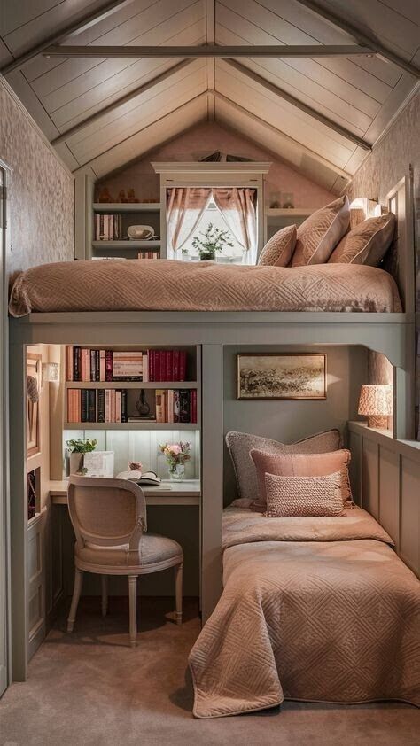 a bedroom with bunk beds, desk and chair in the corner under a slanted ceiling