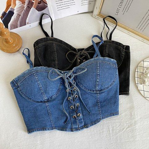 Tops With Built In Bras, Denim Halter Top, Camisole Bra, Womens Denim Shirt, Black Camisole, Corset Crop Top, Spaghetti Strap Top, Black Camis, Strapless Tops