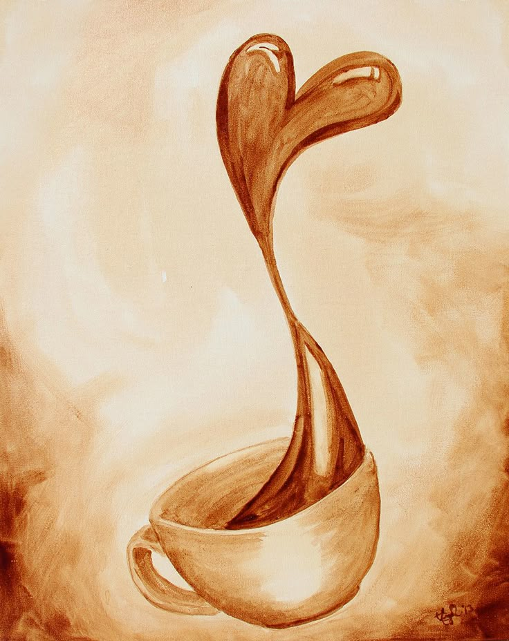 a painting of a coffee cup with swirls in it's liquid pouring from the top