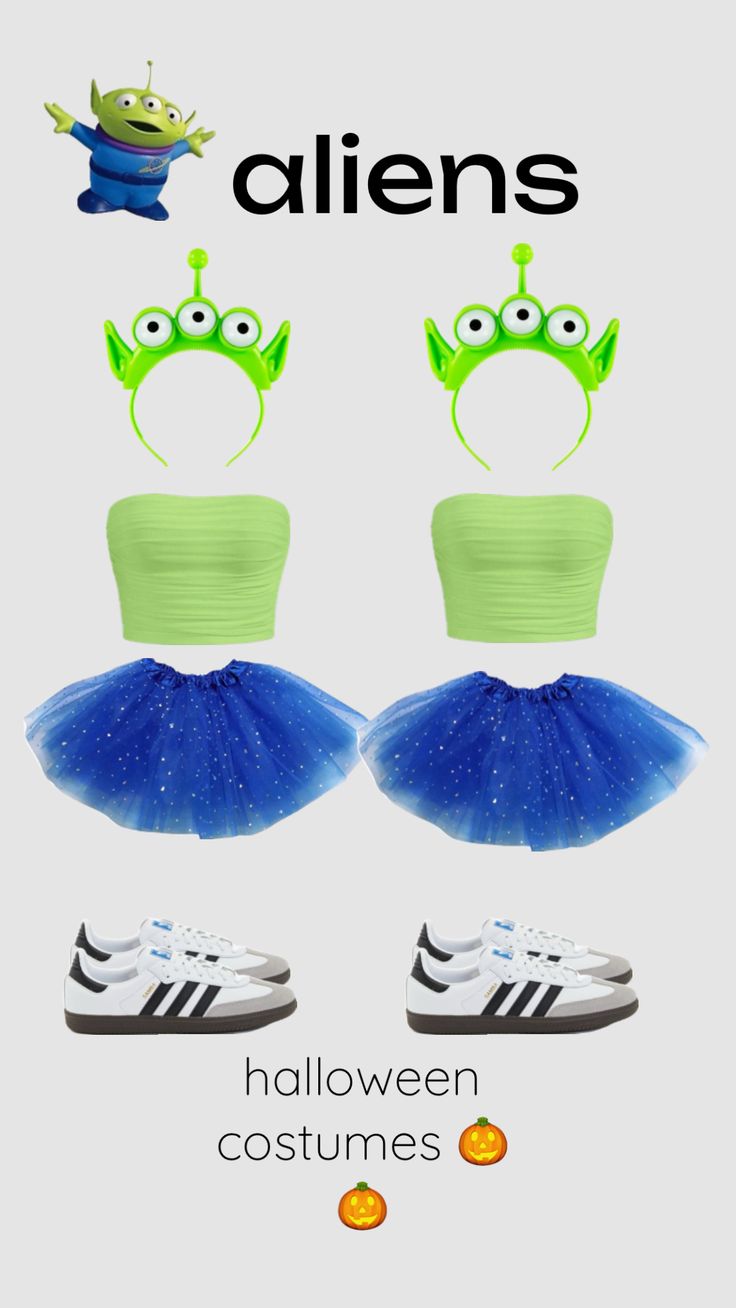 two children's shoes with green and blue tutues, one in the shape of an alien