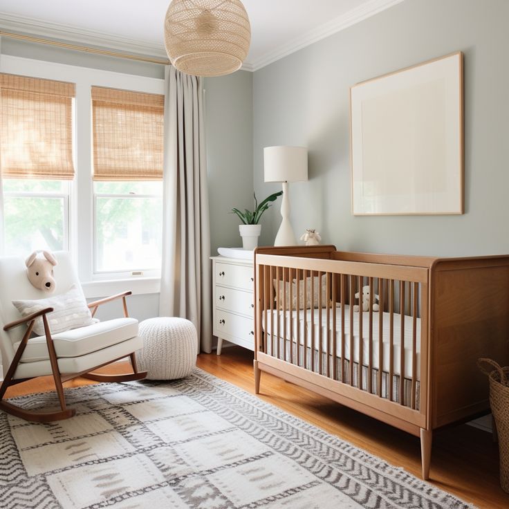 a baby's room with a rocking chair, crib, and dresser in it