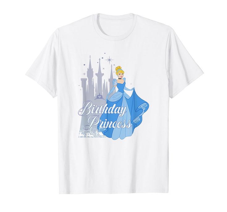 a white shirt with an image of a princess in front of a castle and the words birthday