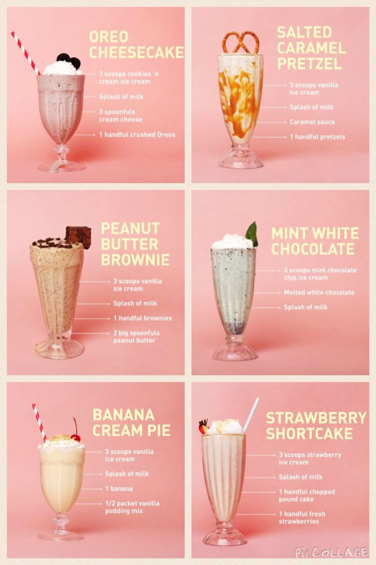 four different types of milkshakes on a pink background