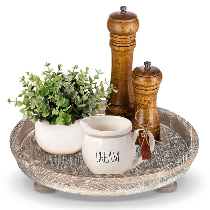 an assortment of items on a tray with a plant and salt shaker in the middle