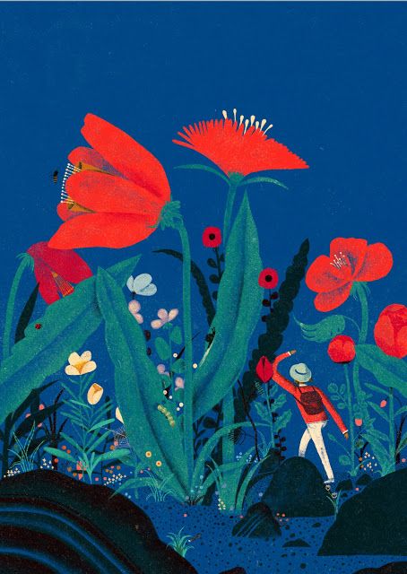 an illustration of a person standing in the middle of flowers