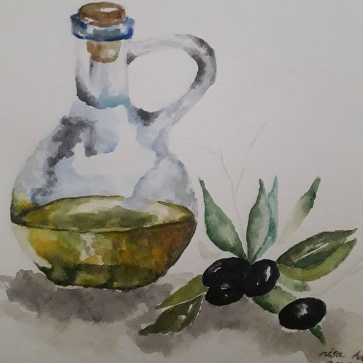 an oil painting of olives and a glass bottle on a white background with watercolor