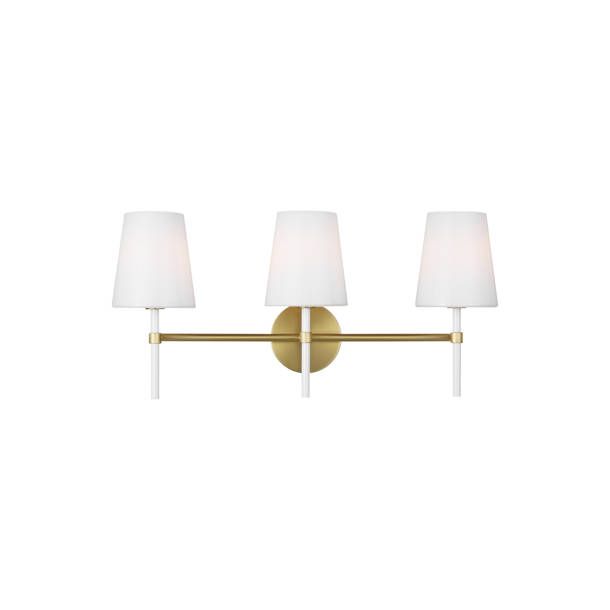 three light brass wall lamp with white shades