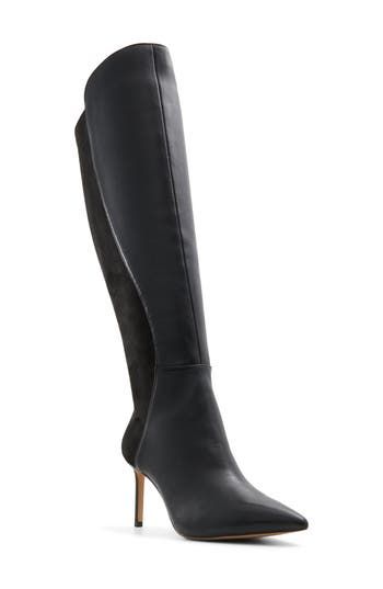 Mixed textures add contemporary intrigue to a knee-high boot framed by a pointy toe and stiletto heel. 3 1/4" heel 16" shaft; 14 1/2" calf circumference Side zip closure Leather and textile upper/textile and synthetic lining/rubber sole Imported Fitted Black Knee-high Boots With Sculpted Heel, Fitted Knee-high Boots With Snip Toe For Work, Evening Wide Calf Knee-high Boots, Evening Knee-high Boots With Wide Calf And High Shaft, Wide Calf Knee-high Boots With Almond Toe For Evening, Chic Fitted Snip Toe Knee-high Boots, Wide Calf High Shaft Heeled Boots For Evening, Evening Knee-high Boots With Wide Calf And Reinforced Heel, Chic Fitted Knee-high Boots With Snip Toe