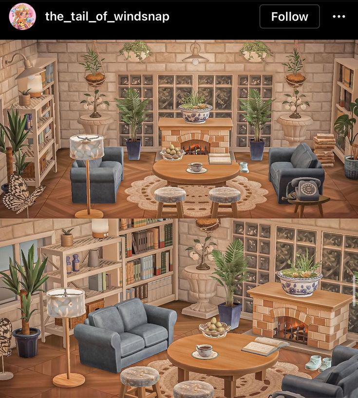 two pictures of a living room with furniture and bookshelves in the same area