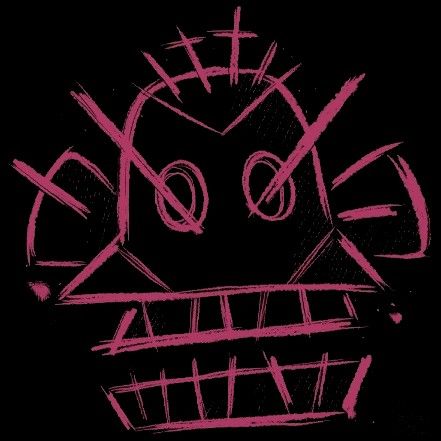 a drawing of a creepy face on a black background with pink marker marks in the middle