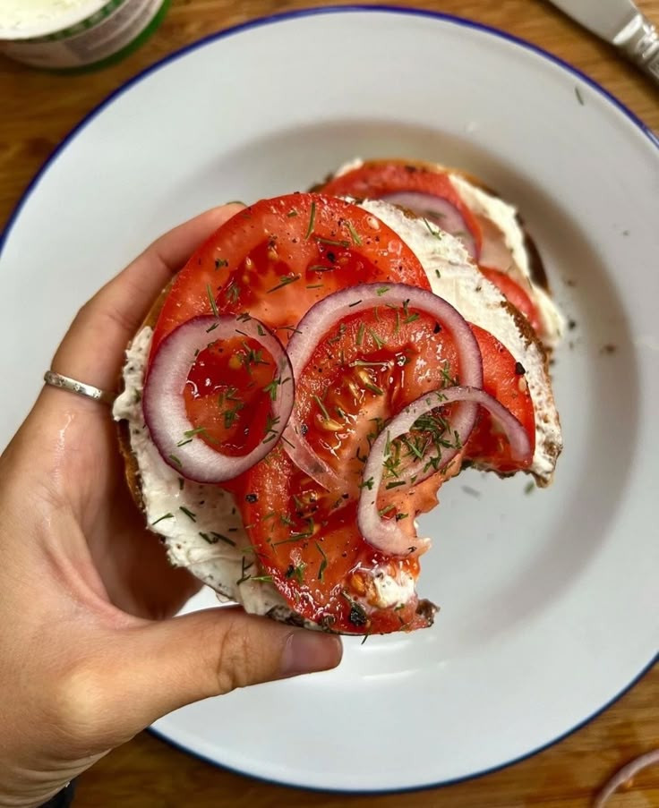 a person holding up a sandwich with tomatoes and onions