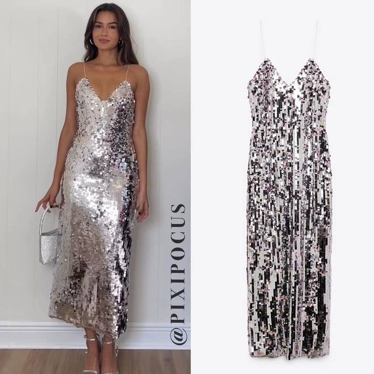 Zara Sequin Midi Dresss Silver New - With Tags !! Super Sparkly Long Dress With Thin Straps. Pink Tulle With Pink Interior Lining. Round Silver Mirrored Sequins Back Vent Side Zipper Approx. Measurements: [ Small ] 15.5" Pit To Pit 13.5" Across Waist 17" Hips 51" Length [ Large ] 17.5" Pit To Pit 15" Across Waist 19.5" Hips 9373/567 Sparkly Long Dress, Midi Dresss, Zara Printed Dress, Combination Dresses, Sheer Midi Dress, Velvet Slip Dress, Velvet Midi Dress, Striped Knit Dress, V Neck Midi Dress