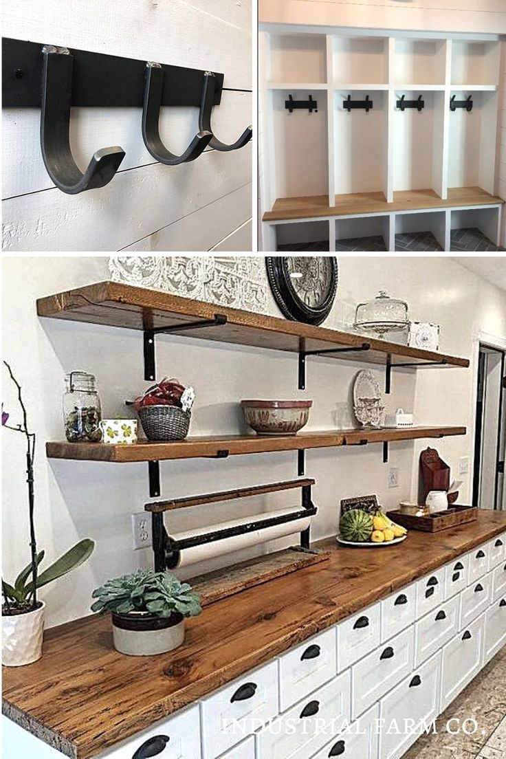 several different pictures of shelves and drawers in a room with white walls, black brackets on the wall, and wood flooring