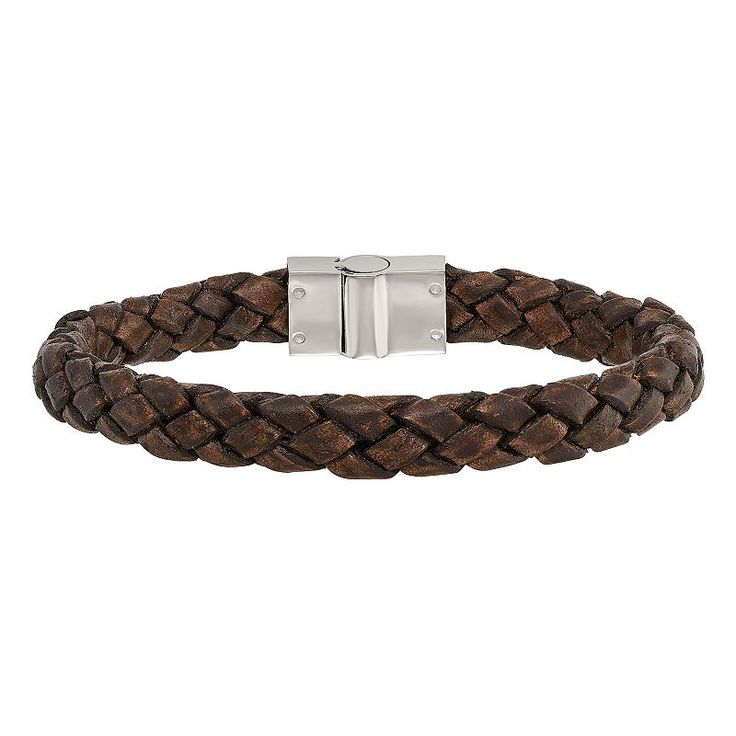 Made from woven brown leather, this men's bracelet is a classic complement to your stylish look. Made from woven brown leather, this men's bracelet is a classic complement to your stylish look. Length: 8.75 in. Metal: stainless steel Finish: polished Packaging: boxed Please note, due to the high value of this item, a signature may be required upon delivery. Size: One Size. Color: Multicolor. Gender: male. Age Group: adult. Modern Brown Leather Wristband, Classic Leather Braided Bracelets As A Gift, Classic Leather Braided Bracelet Gift, Classic Braided Leather Bracelets, Classic Braided Leather Jewelry, Classic Leather Bracelet With Stainless Steel Clasp, Brown Leather Strap Wristband For Everyday, Brown Leather Strap Bracelet, Luxury Brown Bracelets With Leather Strap