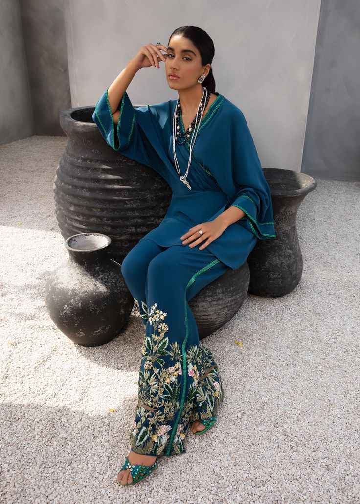 Grace – Saira Shakira Bohemian Embroidered Fitted Sharara, Blue Embroidered Summer Sharara, Luxury Semi-stitched Bohemian Sharara, Luxury Embroidered Slub Silk Sharara, Saira Shakira Party Wear, Saira Shakira, Add Sleeves, Embroidered Pants, Designer Name