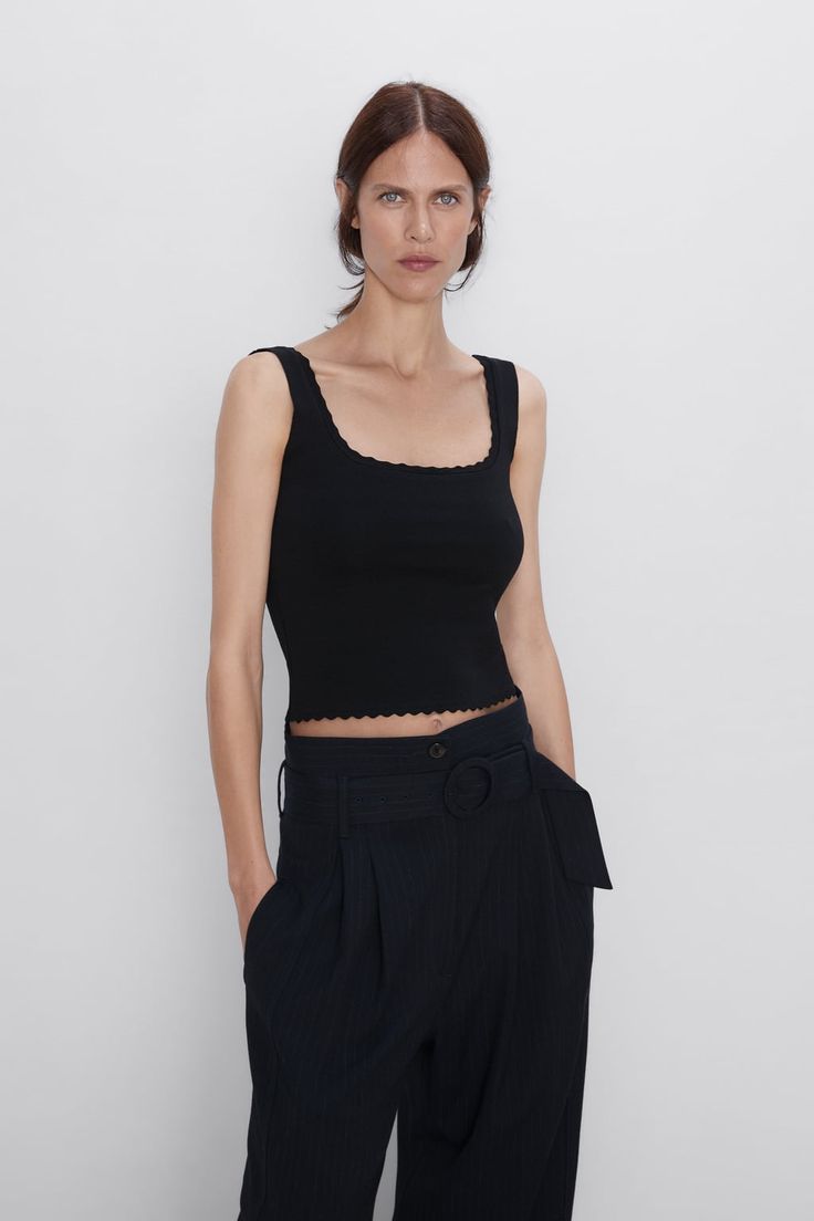 SCALLOPED STRAP TANK TOP-Tops-SHIRTS | TOPS-WOMAN | ZARA United States Chic Knit Vest Crop Top, Elegant Sleeveless Knit Crop Top, Chic Cropped Tank Top, Chic Cropped Vest Top, Chic Cotton Cami Vest, Chic Cotton Cami Knit Top, Chic Everyday Vest Top, Chic Tank Top For Work, Chic Knit Cami Tank Top