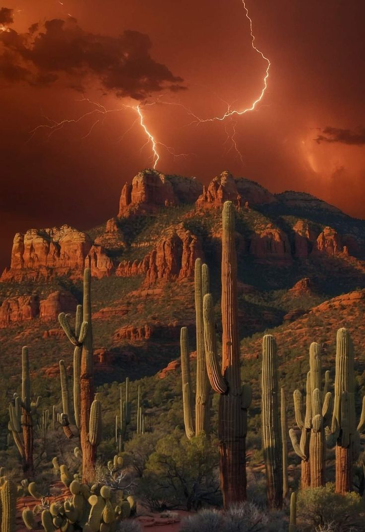 a lightning strikes over the desert with cactus trees and mountains in the background