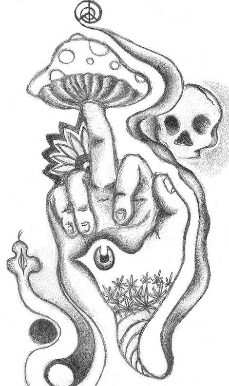 a black and white drawing of two hands with mushrooms on them, one pointing at the other