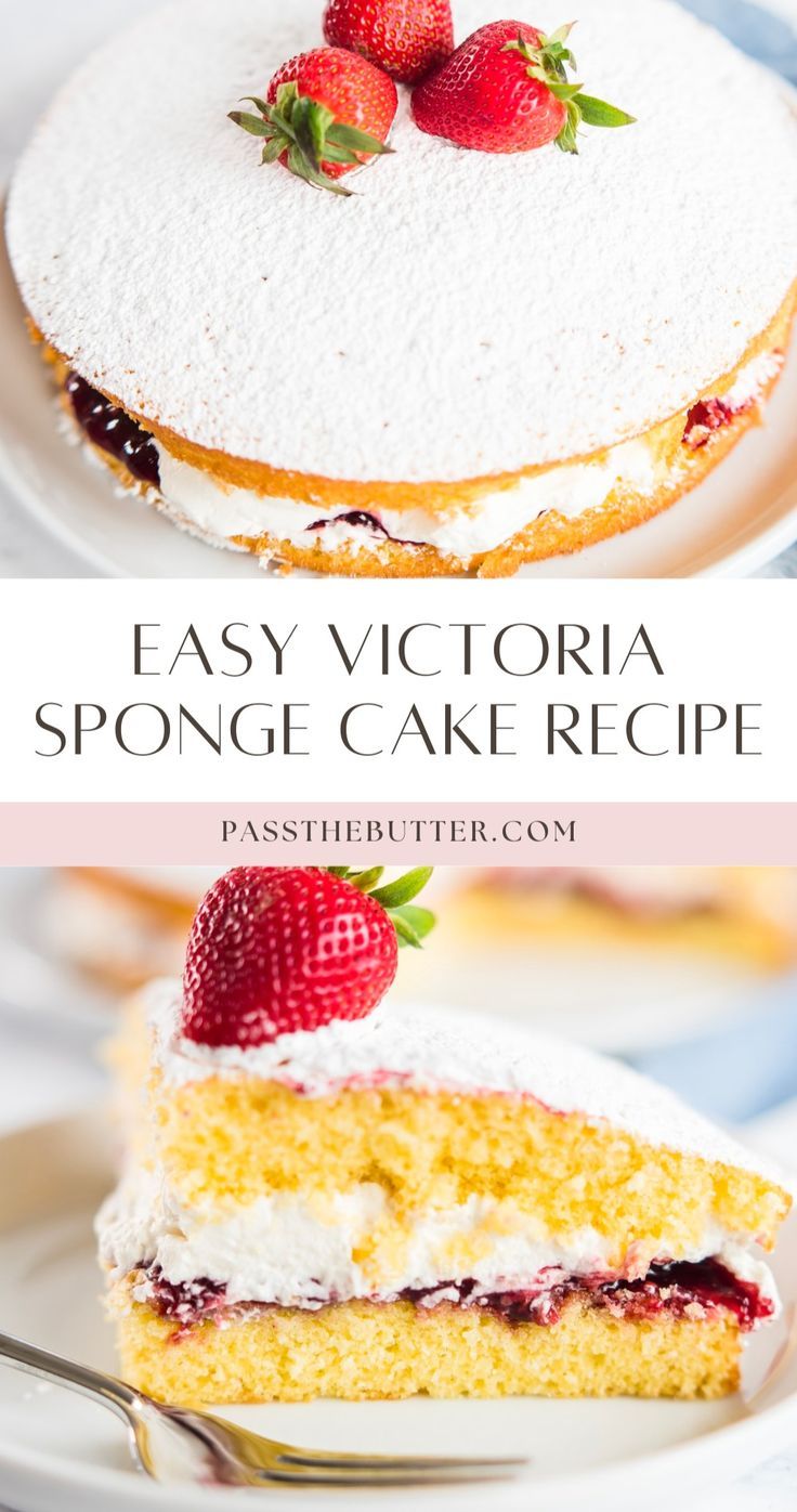 two cakes with strawberries on top and the words easy victoria sponge cake recipe below