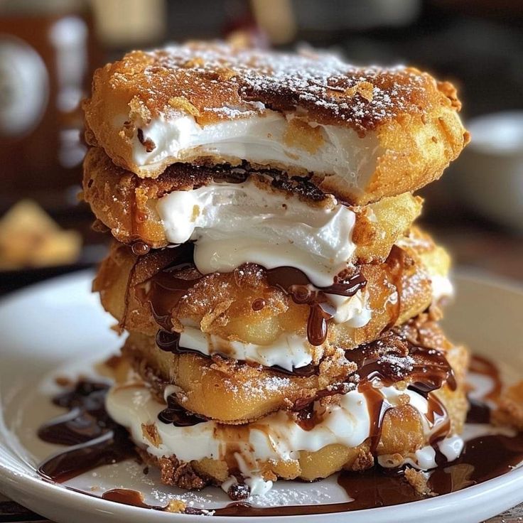 three desserts stacked on top of each other in a white plate with chocolate sauce