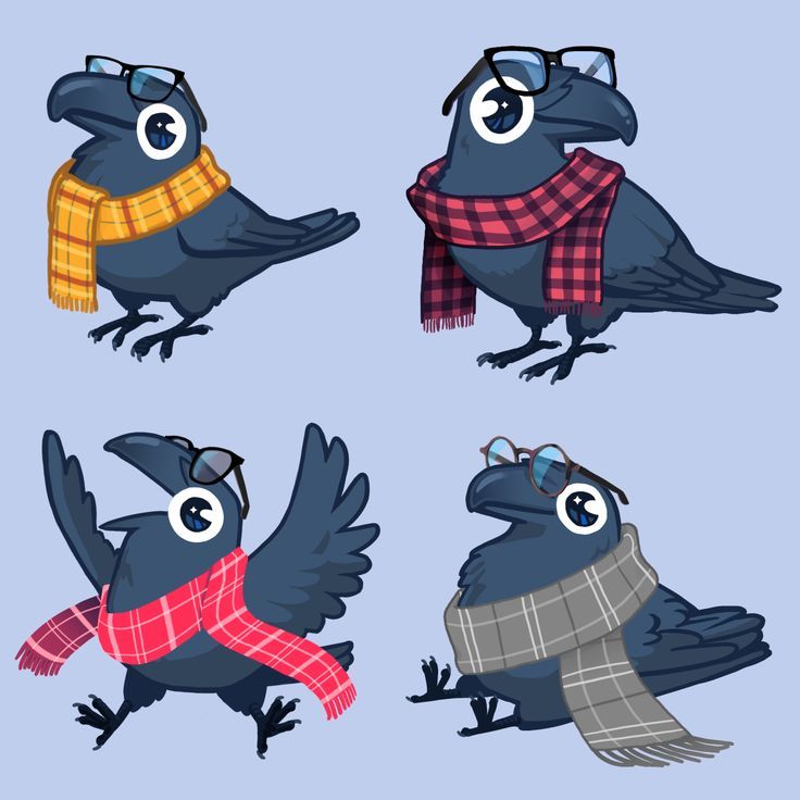 four cartoon birds wearing scarves and scarfs