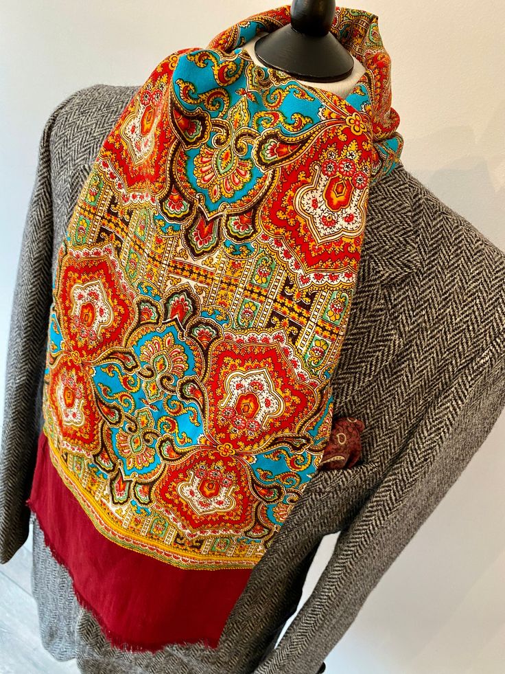 FABULOUS MULTI COLOUR ORNATE LONG SCARF in a striking paisley wool feel ornate psychedelic pattern will brighten up any outfit  in clean ready to wear condition Please note all our scarves are vintage so might show slight signs of wear Retro Multicolor Winter Scarf, Bohemian Patterned Shawl, Vintage Multicolor Silk Shawl, Bohemian Multicolor Paisley Print Scarves, Multicolor Pashmina Scarves With Paisley Print, Bohemian Patterned Scarves For Fall, Bohemian Pashmina Scarf With Paisley Print, Bohemian Pashmina Scarves With Paisley Print, Bohemian Paisley Print Scarves For Fall