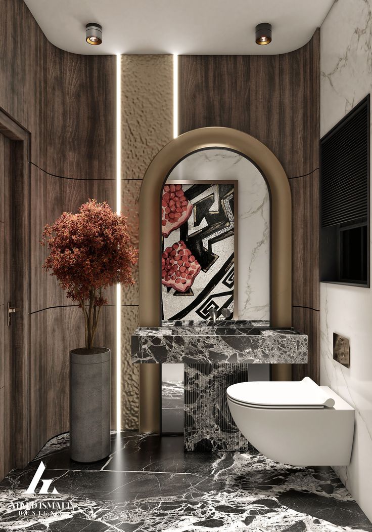 a bathroom with marble floors and walls, along with a large mirror on the wall