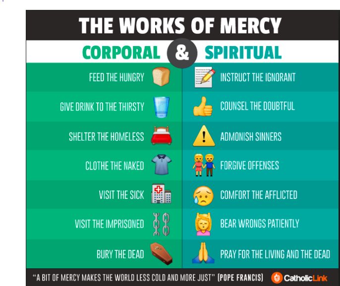 the works of mercy and coropal & ritual info sheet with instructions on how to use it