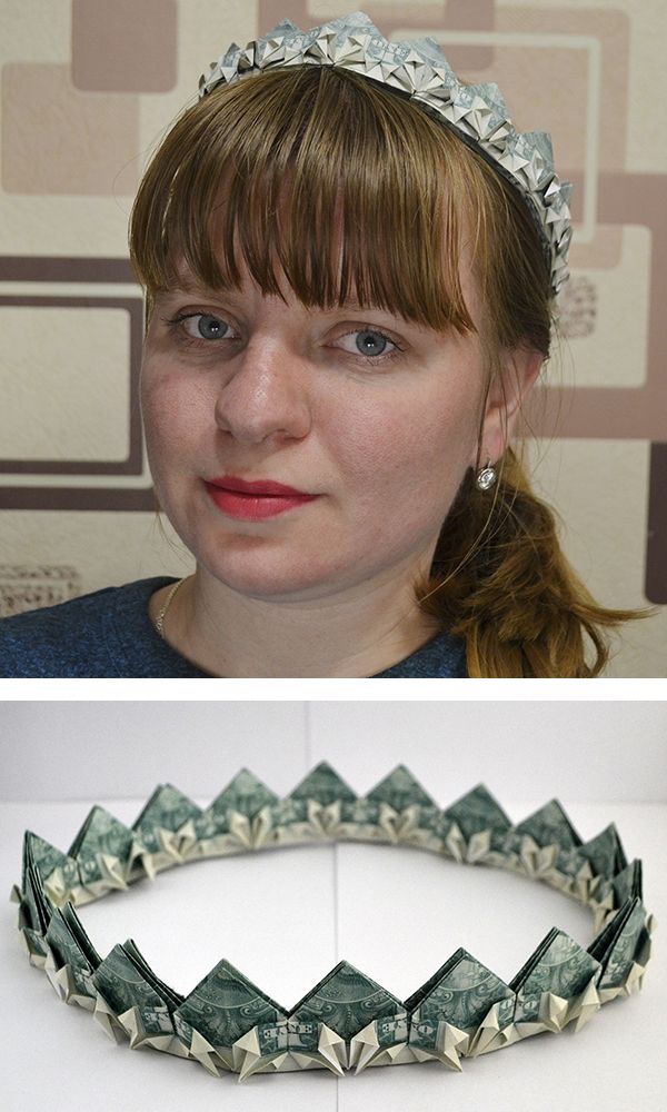 a woman wearing a tiara made out of dollar bills and another photo of her face