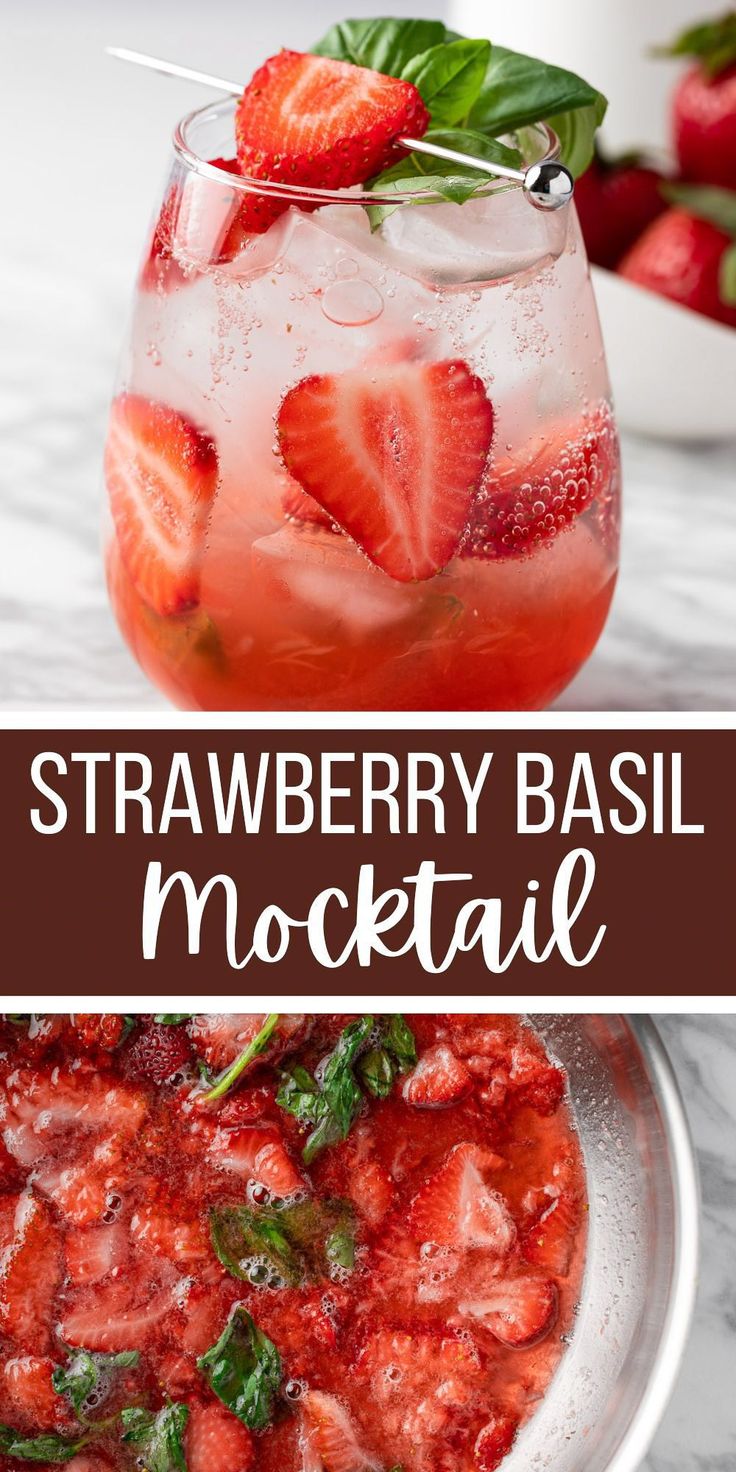 strawberry basil mocko cocktail in a glass with strawberries