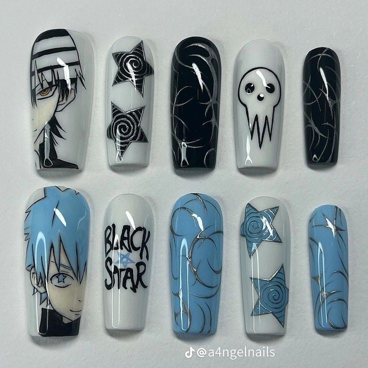 Gorillaz Nails Art, Black Star Soul Eater Nails, Anime Acrylic Nail Designs, Soul Eater Nails Acrylic, Anime Inspired Nail Art, Silly Nail Art, Gengar Nails, Chainsaw Man Nails, Nail Ideas Anime