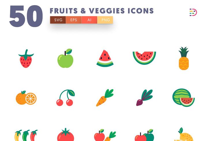 the 50 fruits and veggies icons are shown in different colors, including oranges,