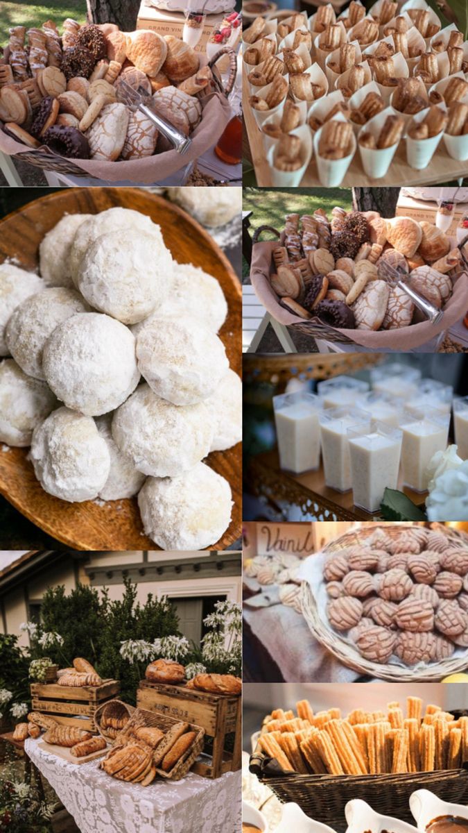 several pictures of different types of desserts and pastries on display at an outdoor event